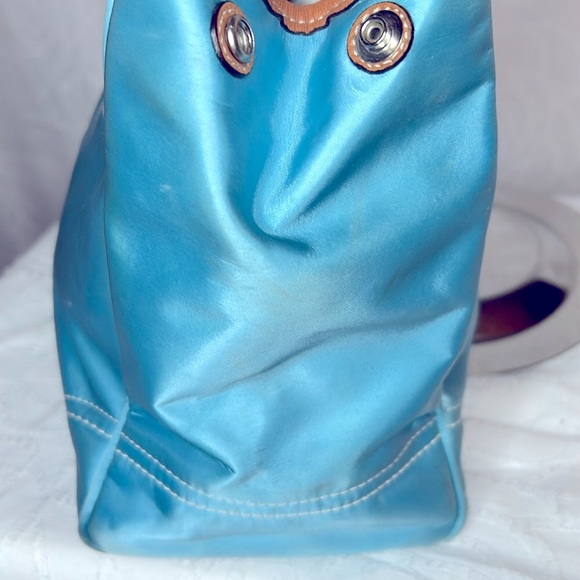 COACH Hampton aqua blue and white double handles nylon/satin satchel.  #F11993 - Picture 9 of 15